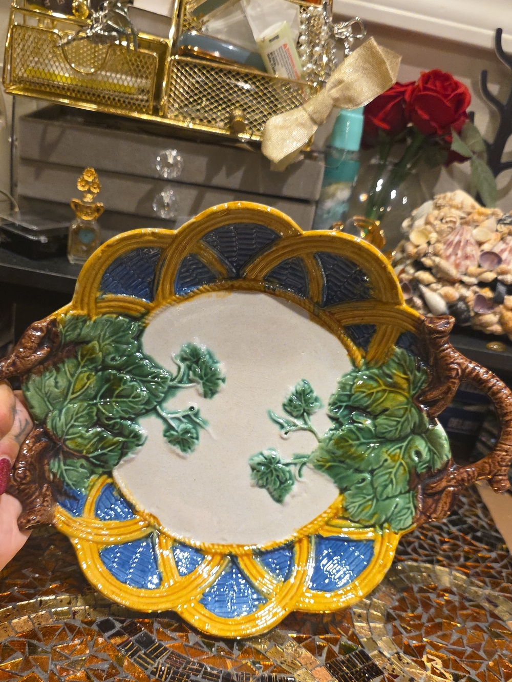 Vintage Yellow Blue and Green Ceramic Serving Platter by Vintage